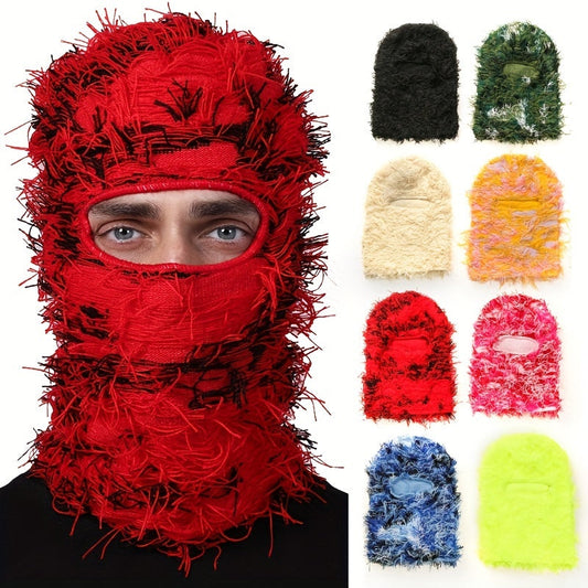 Solid Color Distressed Balaclava Mask, Shiesty Full Face Cover Windproof Thermal Ski Mask, Outdoor Halloween Style Knit Headgear, New Year Gifts