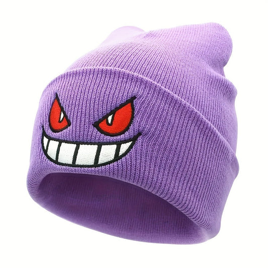 Anime Devil Embroidered Beanies Solid Color Trendy Knit Hats Lightweight Elastic Skull Cap Warm Ski Hats For Unisex Anime Beanie