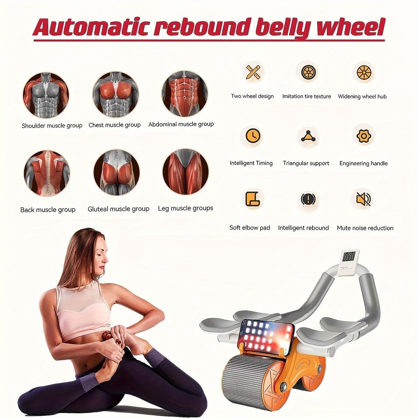 Automatic Rebound Abdominal Exercise Wheel With Knee Pads And Timer, Double Wheel Abdominal Roller, Core Strength Training Equipment