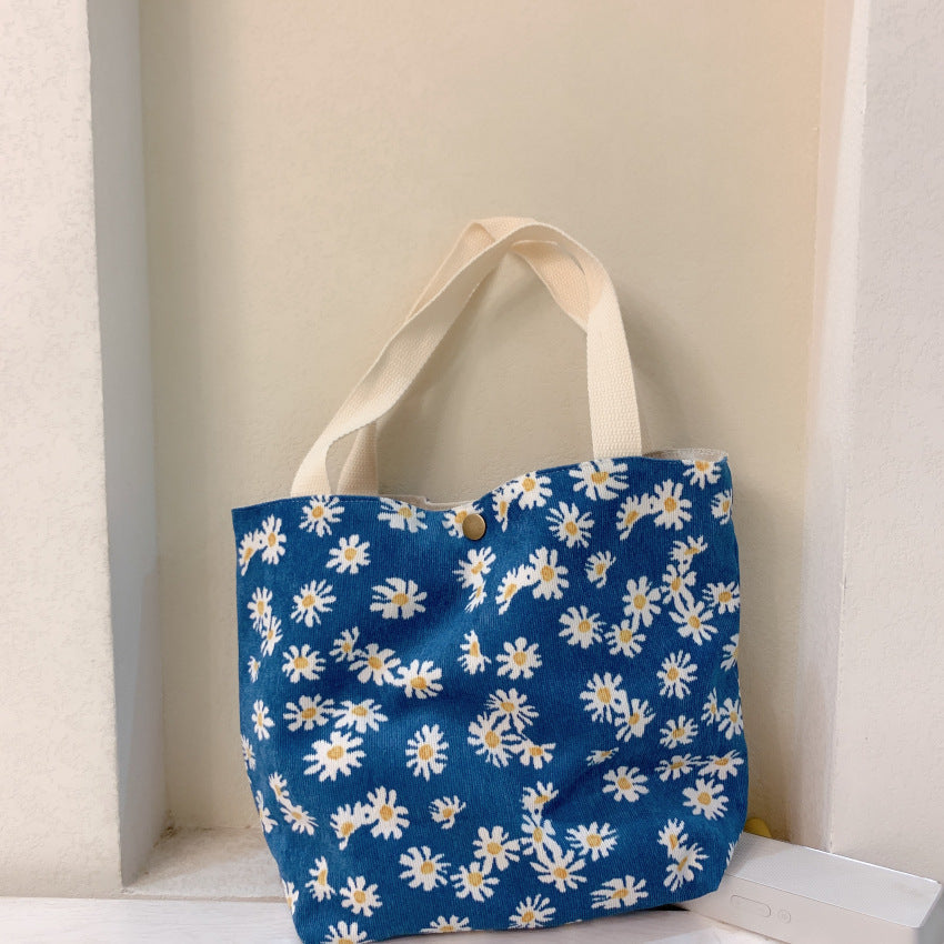 Floral Pattern Corduroy Handbag, Portable Lunch Bag For Outdoor, Snap Button Satchel Purse Boho Bag