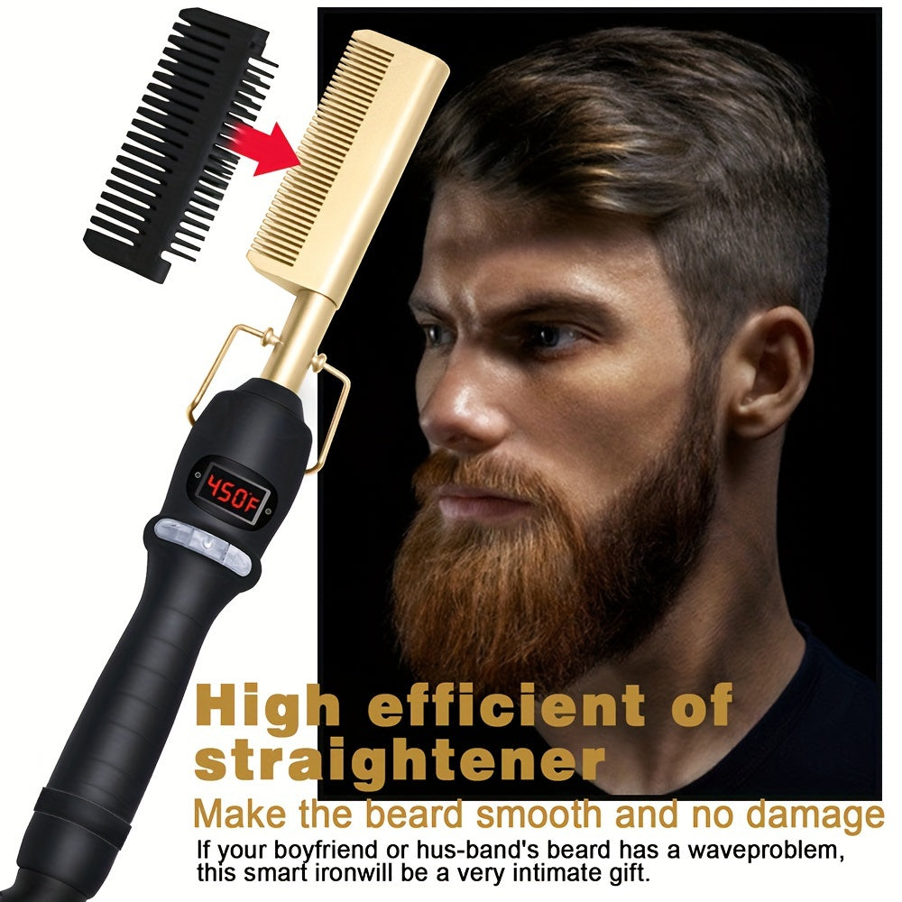 New Year gifts Professional Hot Comb With Digital Display - High Heat Ceramic Hair Press Comb For Thick Hair - Multifunctional Copper Hair Straightener - Gold