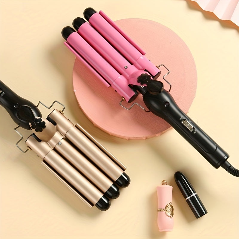 Lomotec 2024 New Korean-Style Water Ripple Hair Curler - Ceramic Tourmaline Three-Tube Curling Iron with Adjustable Two-Speed Temperature - Portable and Quick Heating for Gorgeous Curls!
