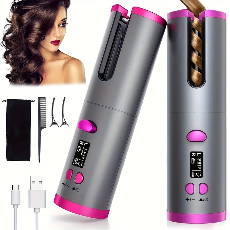 New Year gifts Cordless Automatic Curling Iron - USB Rechargeable, Anti-Tangle, Ceramic Cylinder, Quick Heating, 5-Level Temperature Control - Perfect For Long Hair, Includes Gift Box