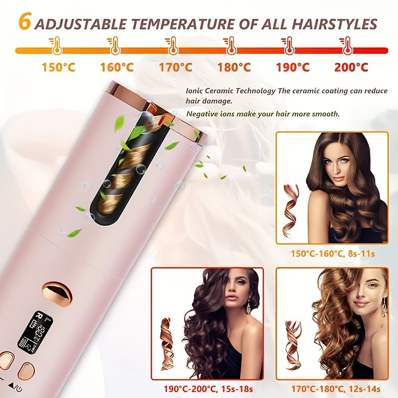 New Year gifts Cordless Automatic Curling Iron - USB Rechargeable, Anti-Tangle, Ceramic Cylinder, Quick Heating, 5-Level Temperature Control - Perfect For Long Hair, Includes Gift Box