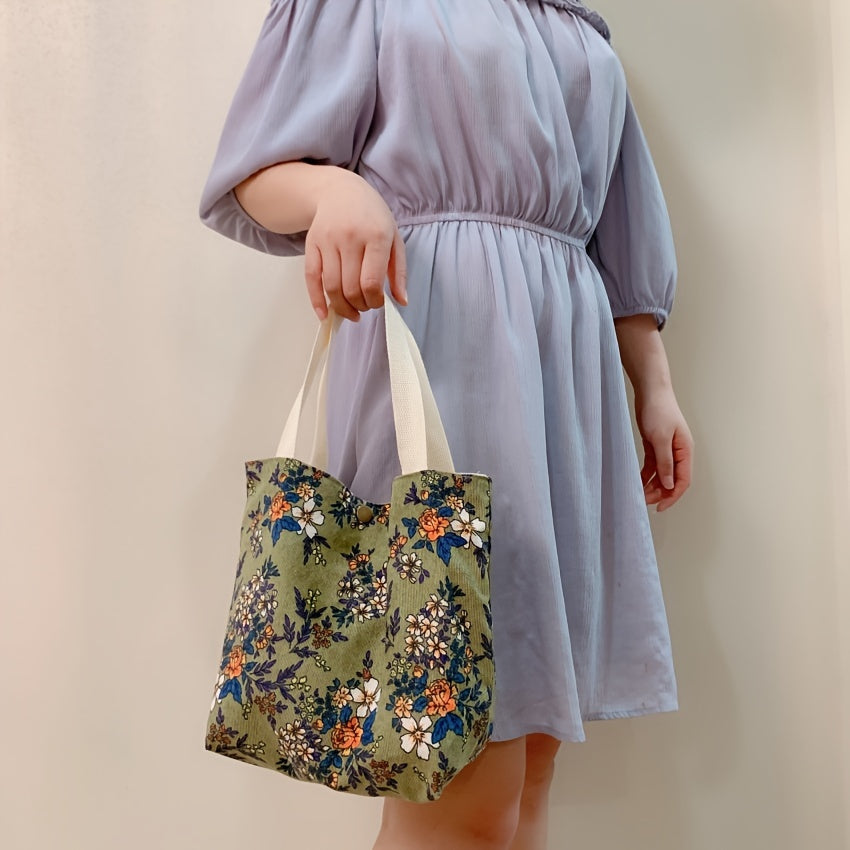 Floral Pattern Corduroy Handbag, Portable Lunch Bag For Outdoor, Snap Button Satchel Purse Boho Bag