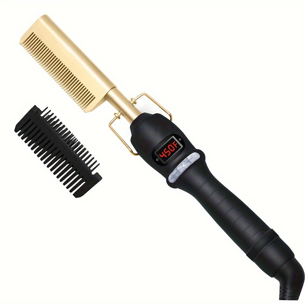 New Year gifts Professional Hot Comb With Digital Display - High Heat Ceramic Hair Press Comb For Thick Hair - Multifunctional Copper Hair Straightener - Gold